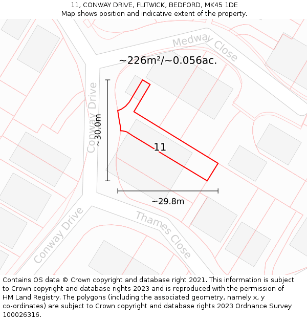 11, CONWAY DRIVE, FLITWICK, BEDFORD, MK45 1DE: Plot and title map