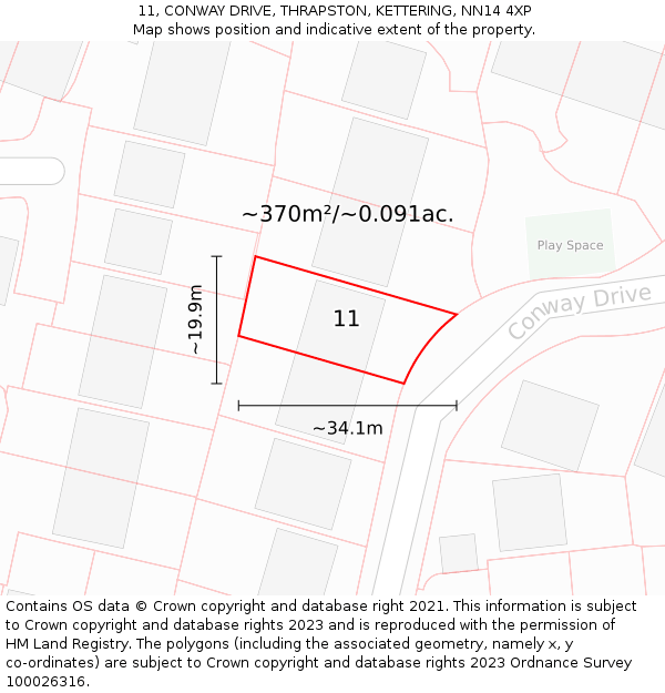 11, CONWAY DRIVE, THRAPSTON, KETTERING, NN14 4XP: Plot and title map