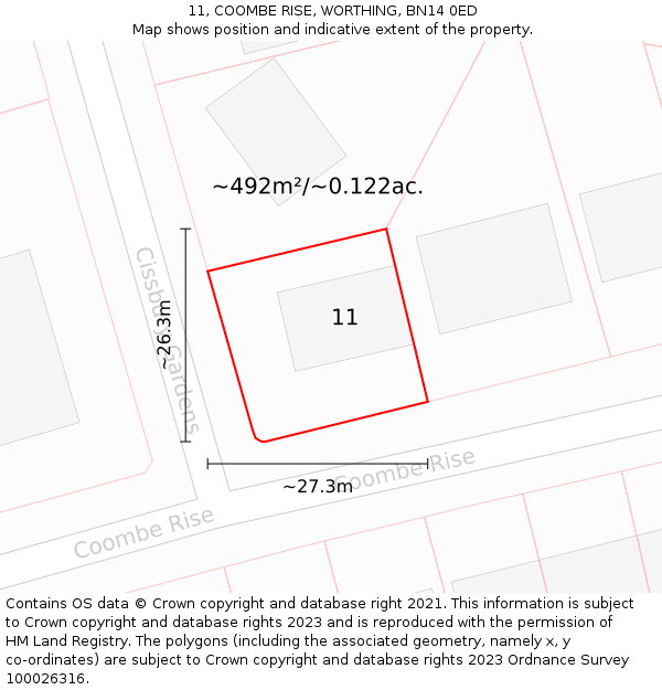 11, COOMBE RISE, WORTHING, BN14 0ED: Plot and title map