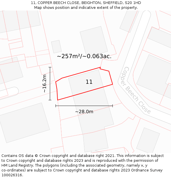 11, COPPER BEECH CLOSE, BEIGHTON, SHEFFIELD, S20 1HD: Plot and title map