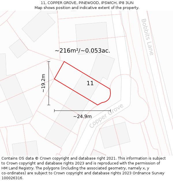 11, COPPER GROVE, PINEWOOD, IPSWICH, IP8 3UN: Plot and title map