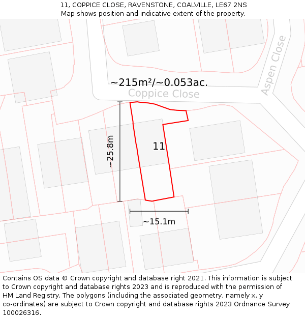 11, COPPICE CLOSE, RAVENSTONE, COALVILLE, LE67 2NS: Plot and title map