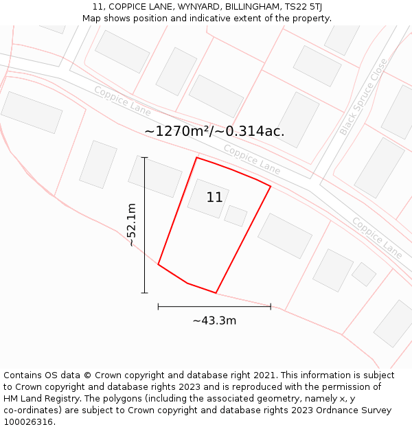 11, COPPICE LANE, WYNYARD, BILLINGHAM, TS22 5TJ: Plot and title map