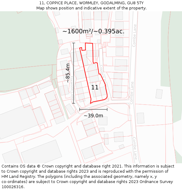 11, COPPICE PLACE, WORMLEY, GODALMING, GU8 5TY: Plot and title map