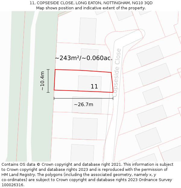 11, COPSESIDE CLOSE, LONG EATON, NOTTINGHAM, NG10 3QD: Plot and title map