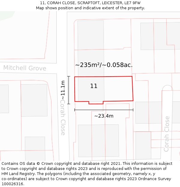 11, CORAH CLOSE, SCRAPTOFT, LEICESTER, LE7 9FW: Plot and title map