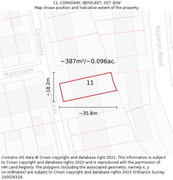 11, CORASWAY, BENFLEET, SS7 3DW: Plot and title map