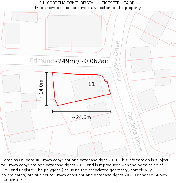 11, CORDELIA DRIVE, BIRSTALL, LEICESTER, LE4 3PH: Plot and title map