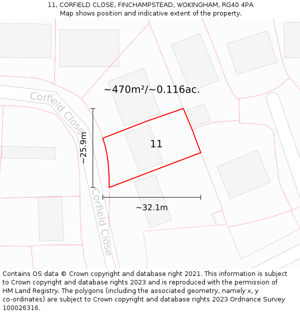 11, CORFIELD CLOSE, FINCHAMPSTEAD, WOKINGHAM, RG40 4PA: Plot and title map