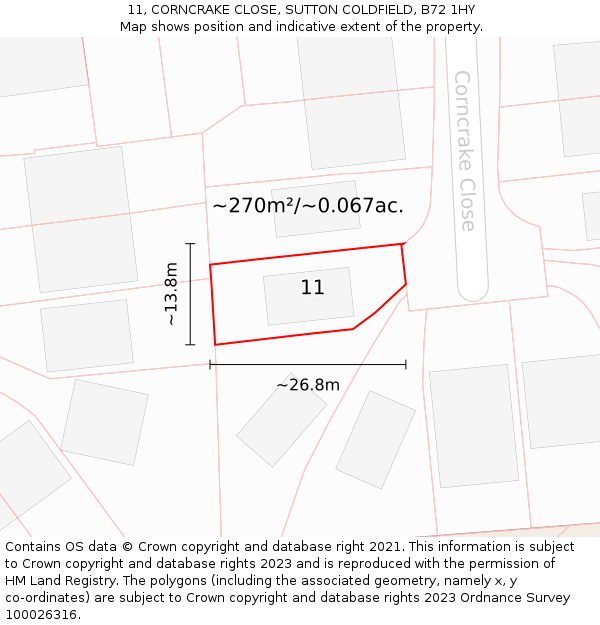 11, CORNCRAKE CLOSE, SUTTON COLDFIELD, B72 1HY: Plot and title map