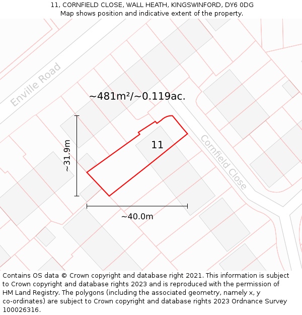 11, CORNFIELD CLOSE, WALL HEATH, KINGSWINFORD, DY6 0DG: Plot and title map