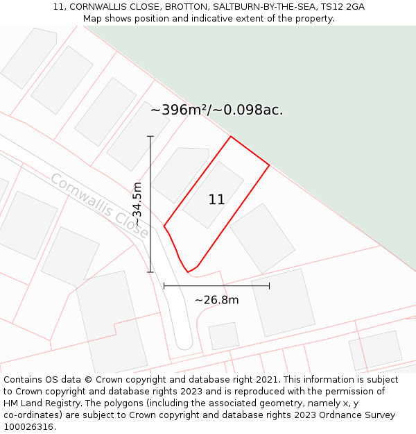 11, CORNWALLIS CLOSE, BROTTON, SALTBURN-BY-THE-SEA, TS12 2GA: Plot and title map