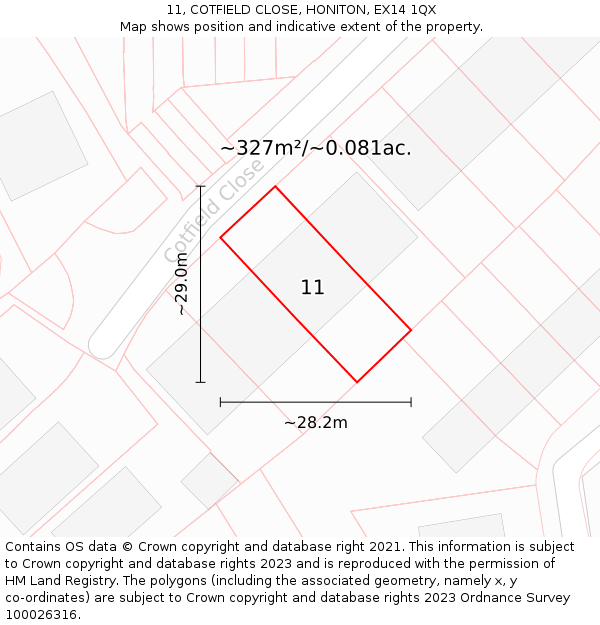 11, COTFIELD CLOSE, HONITON, EX14 1QX: Plot and title map