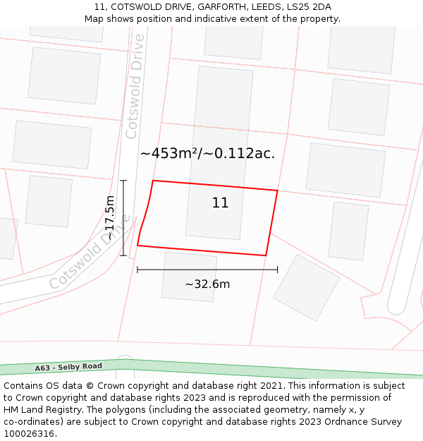 11, COTSWOLD DRIVE, GARFORTH, LEEDS, LS25 2DA: Plot and title map