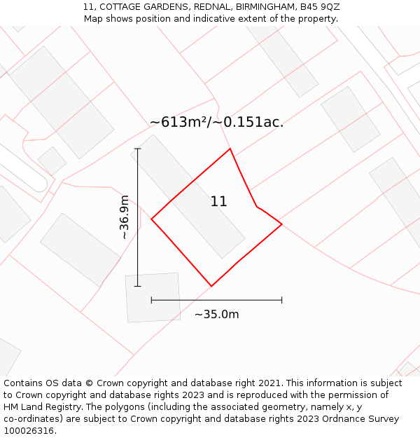 11, COTTAGE GARDENS, REDNAL, BIRMINGHAM, B45 9QZ: Plot and title map