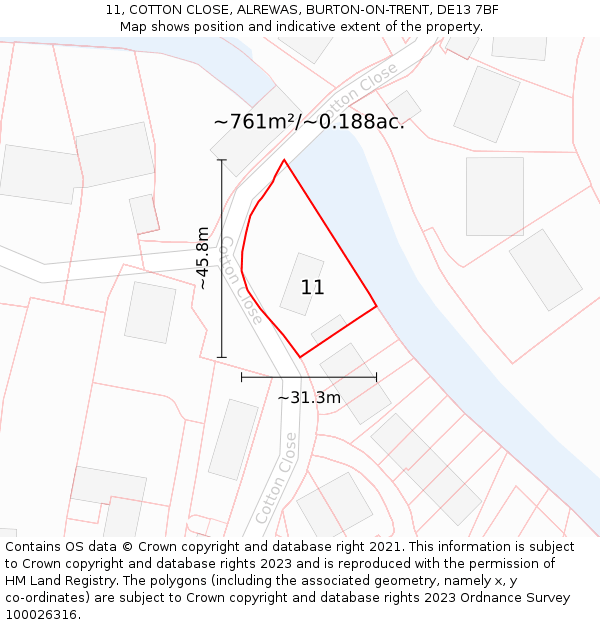11, COTTON CLOSE, ALREWAS, BURTON-ON-TRENT, DE13 7BF: Plot and title map