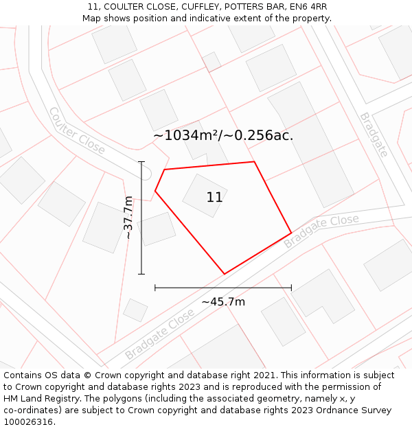 11, COULTER CLOSE, CUFFLEY, POTTERS BAR, EN6 4RR: Plot and title map