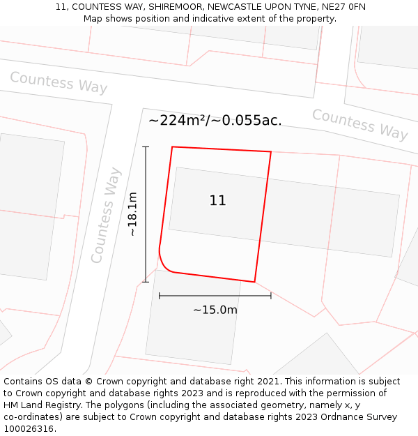 11, COUNTESS WAY, SHIREMOOR, NEWCASTLE UPON TYNE, NE27 0FN: Plot and title map