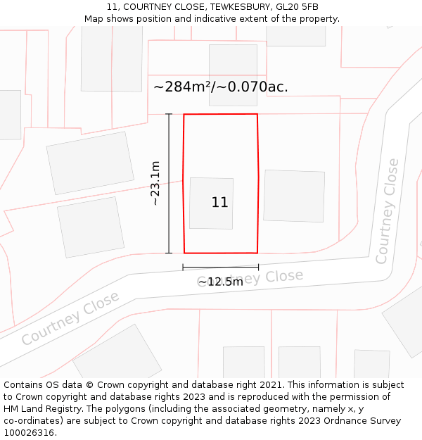 11, COURTNEY CLOSE, TEWKESBURY, GL20 5FB: Plot and title map