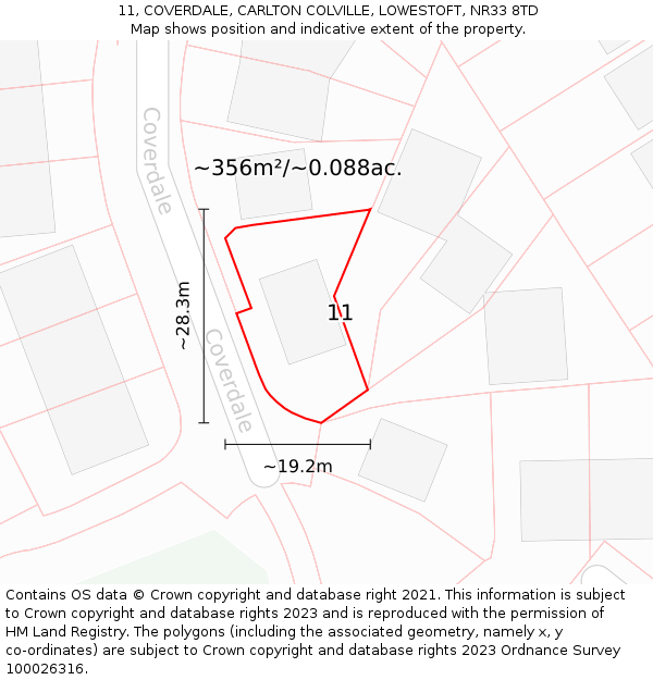 11, COVERDALE, CARLTON COLVILLE, LOWESTOFT, NR33 8TD: Plot and title map