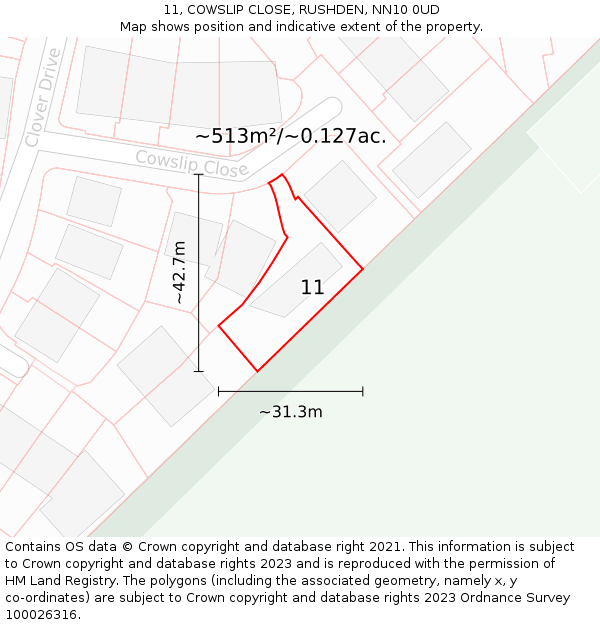 11, COWSLIP CLOSE, RUSHDEN, NN10 0UD: Plot and title map