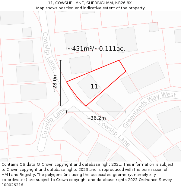 11, COWSLIP LANE, SHERINGHAM, NR26 8XL: Plot and title map