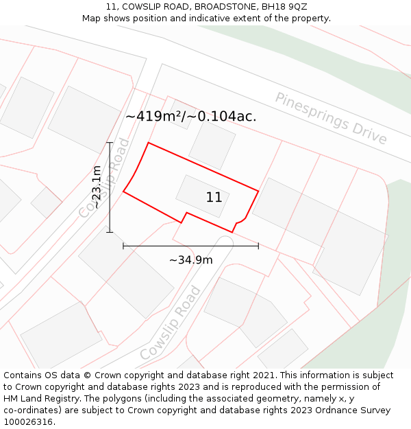 11, COWSLIP ROAD, BROADSTONE, BH18 9QZ: Plot and title map