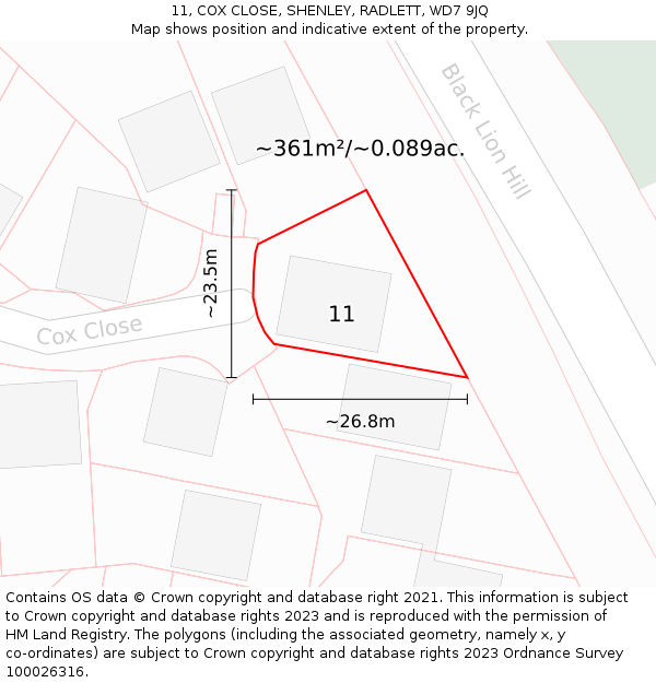 11, COX CLOSE, SHENLEY, RADLETT, WD7 9JQ: Plot and title map