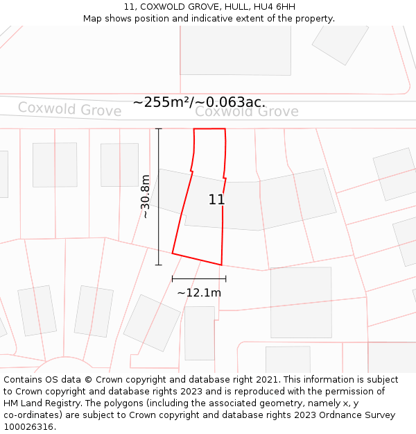 11, COXWOLD GROVE, HULL, HU4 6HH: Plot and title map