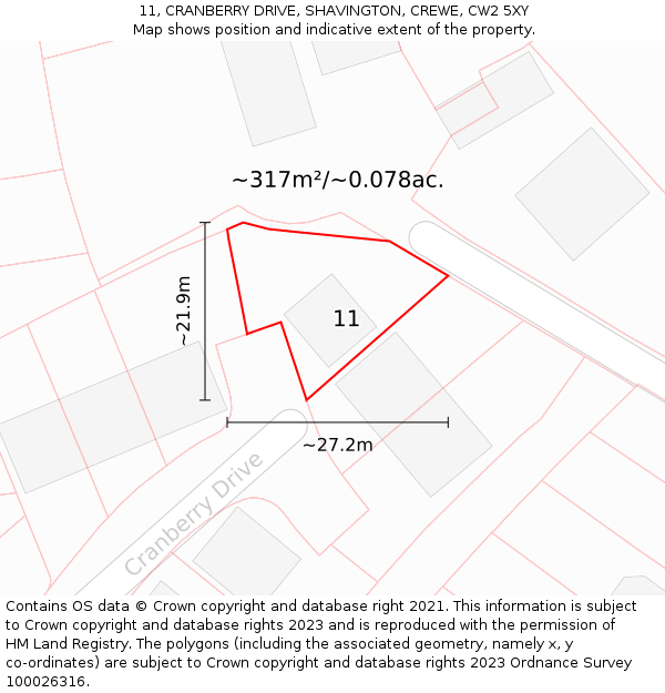 11, CRANBERRY DRIVE, SHAVINGTON, CREWE, CW2 5XY: Plot and title map