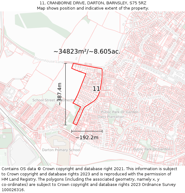 11, CRANBORNE DRIVE, DARTON, BARNSLEY, S75 5RZ: Plot and title map