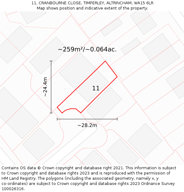 11, CRANBOURNE CLOSE, TIMPERLEY, ALTRINCHAM, WA15 6LR: Plot and title map