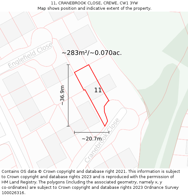 11, CRANEBROOK CLOSE, CREWE, CW1 3YW: Plot and title map