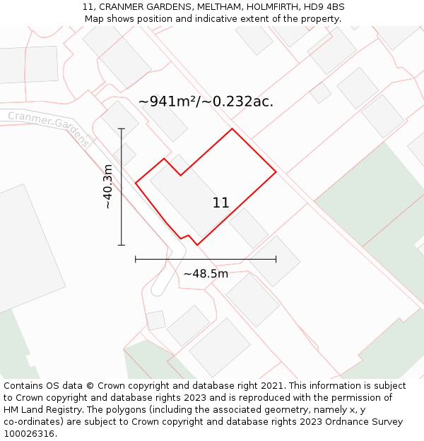 11, CRANMER GARDENS, MELTHAM, HOLMFIRTH, HD9 4BS: Plot and title map