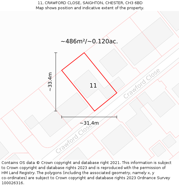 11, CRAWFORD CLOSE, SAIGHTON, CHESTER, CH3 6BD: Plot and title map
