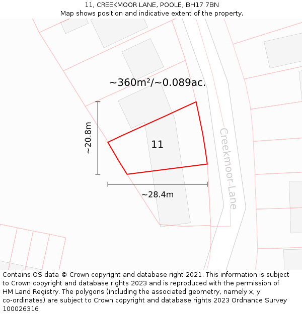 11, CREEKMOOR LANE, POOLE, BH17 7BN: Plot and title map