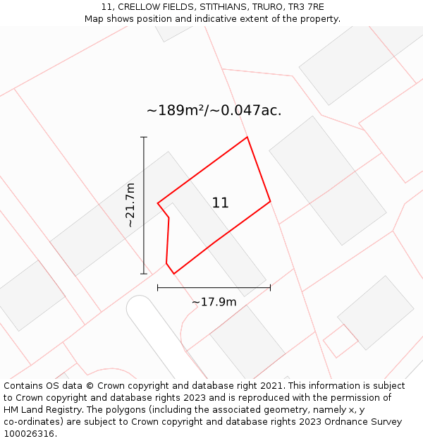 11, CRELLOW FIELDS, STITHIANS, TRURO, TR3 7RE: Plot and title map