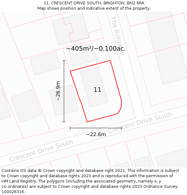 11, CRESCENT DRIVE SOUTH, BRIGHTON, BN2 6RA: Plot and title map