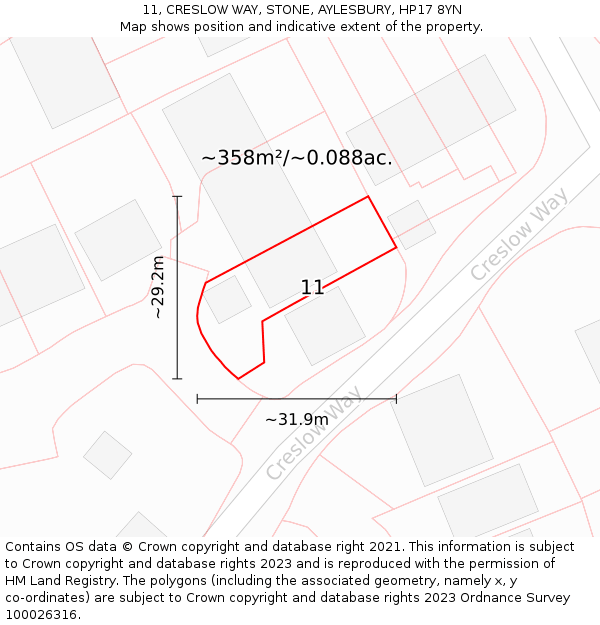 11, CRESLOW WAY, STONE, AYLESBURY, HP17 8YN: Plot and title map