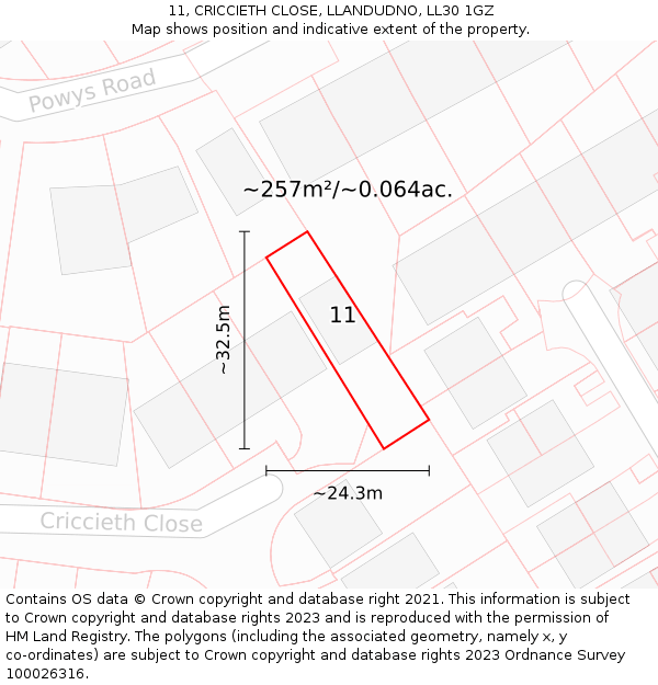 11, CRICCIETH CLOSE, LLANDUDNO, LL30 1GZ: Plot and title map