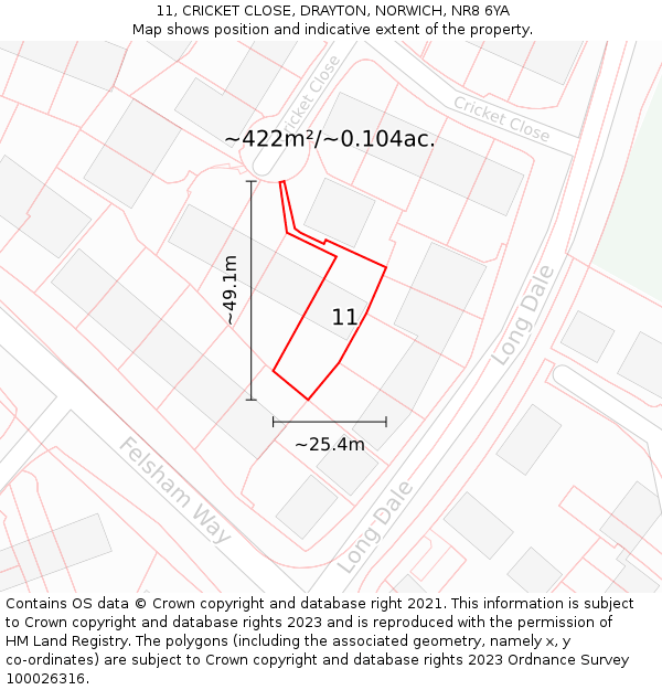 11, CRICKET CLOSE, DRAYTON, NORWICH, NR8 6YA: Plot and title map