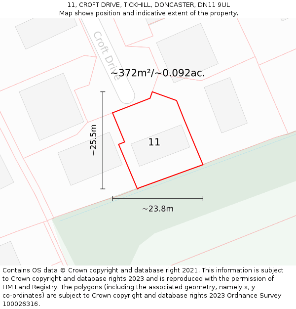 11, CROFT DRIVE, TICKHILL, DONCASTER, DN11 9UL: Plot and title map