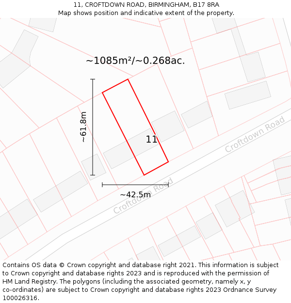 11, CROFTDOWN ROAD, BIRMINGHAM, B17 8RA: Plot and title map
