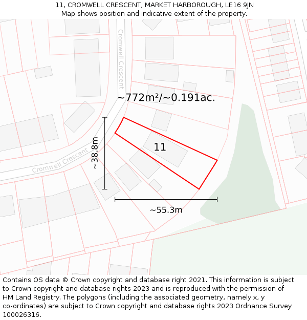11, CROMWELL CRESCENT, MARKET HARBOROUGH, LE16 9JN: Plot and title map