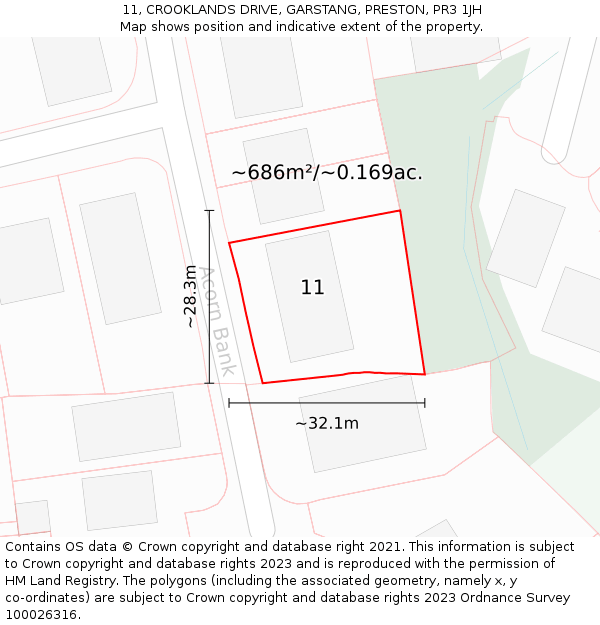 11, CROOKLANDS DRIVE, GARSTANG, PRESTON, PR3 1JH: Plot and title map