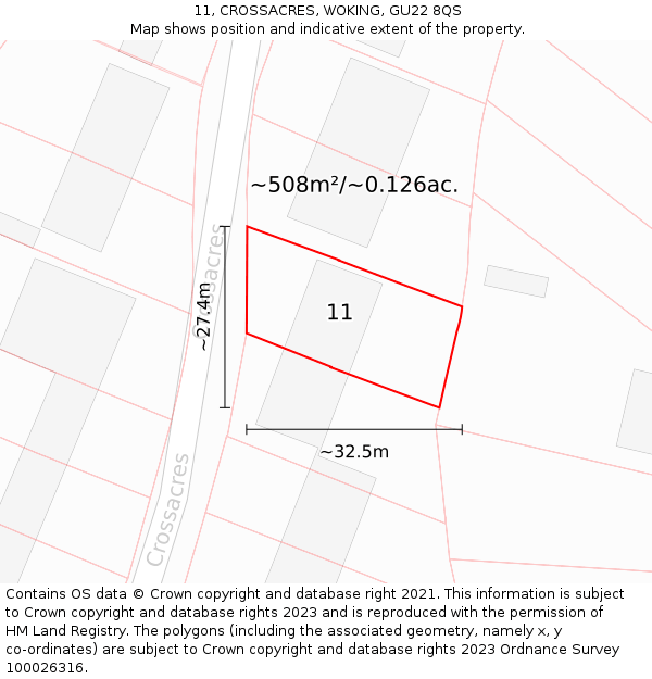 11, CROSSACRES, WOKING, GU22 8QS: Plot and title map