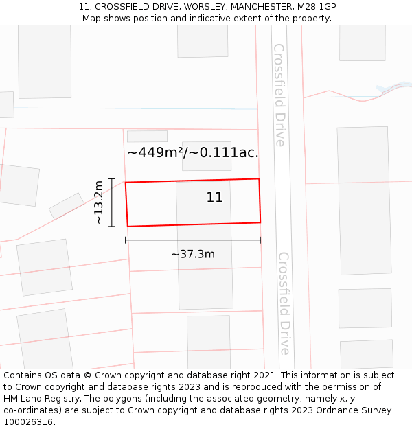 11, CROSSFIELD DRIVE, WORSLEY, MANCHESTER, M28 1GP: Plot and title map