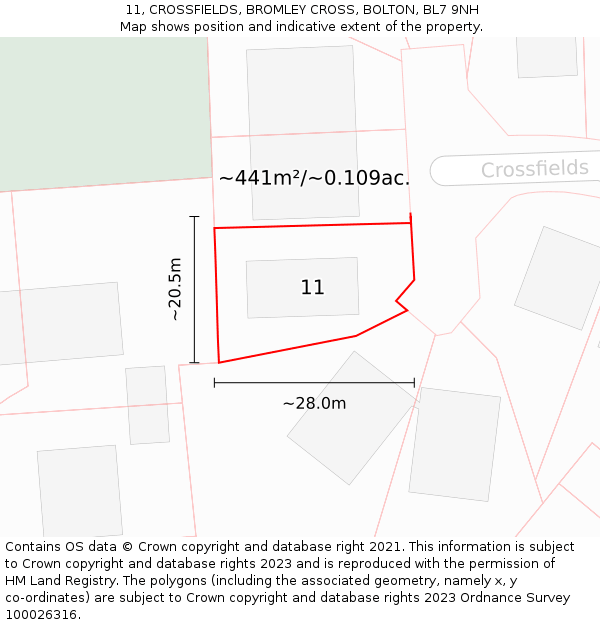 11, CROSSFIELDS, BROMLEY CROSS, BOLTON, BL7 9NH: Plot and title map