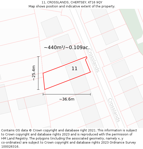 11, CROSSLANDS, CHERTSEY, KT16 9QY: Plot and title map