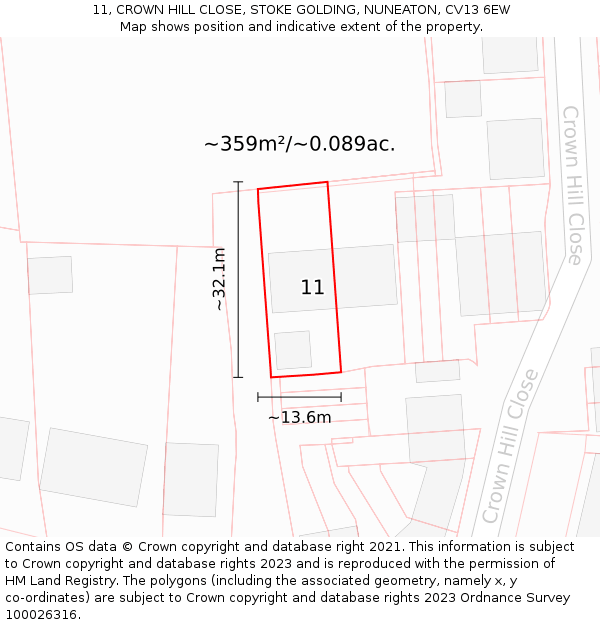 11, CROWN HILL CLOSE, STOKE GOLDING, NUNEATON, CV13 6EW: Plot and title map